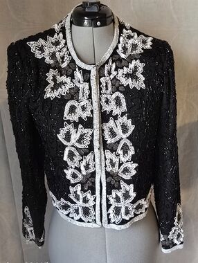 NIGHT VOGUE Black Beaded Cropped Jacket with White Leaf Embroidery
